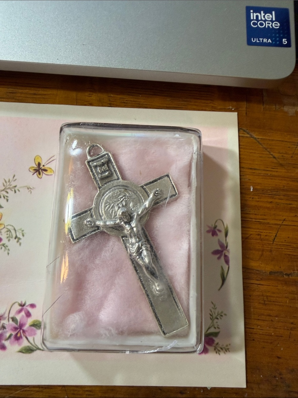 Silver Crucifix Pendant Necklace with Pink Display